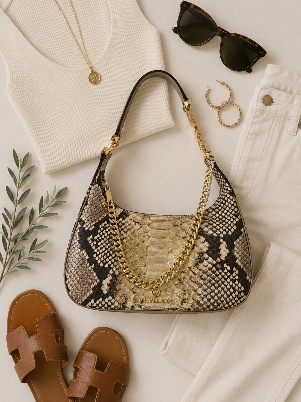 EUC Michael Kors Piper Small Pouchette in Leather, with a Two-Tone Snakeskin
